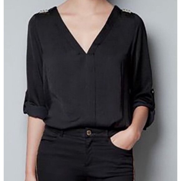 Zara Basic Gray Rolled Sleeves Pyramid Studded Shoulder Blouse - Picture 14 of 15